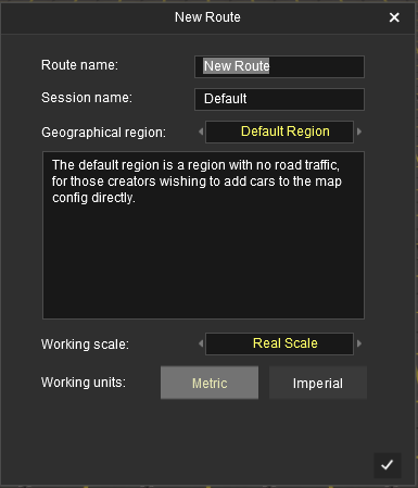 New Route dialogue window
